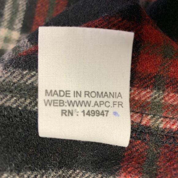 A.P.C. Size XXL Black Red Plaid Wool Blend One Pocket Long Sleeve Shirt - Picture 6 of 6
